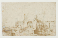 O+ 062b
<br/>
De kathedraal van St. Albans, gezien vanuit het zuiden
<br/>
<em>Rembrandt (1606-1669) - toegeschreven aan</em>